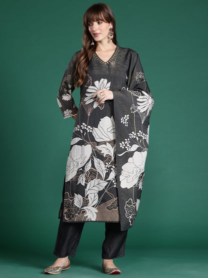 Floral Printed Regular Beads and Stones Kurta with Trousers & Dupatta