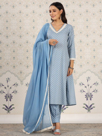 Dhiyona OD  Floral Printed Pure Cotton A-Line Kurta & Trousers With Dupatta
