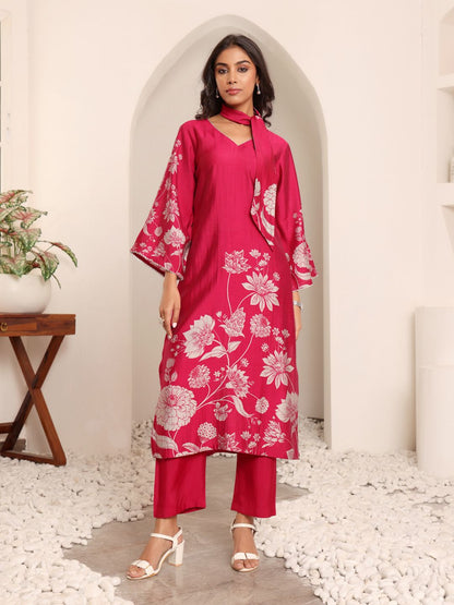 Dhiyona VA Women'sFloral Printed V-Neck Chanderi Silk A-line Kurta with Trousers