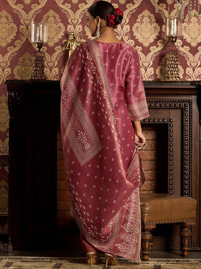 Dhiyona IE Floral Zari Embroidered Straight Kurta with Trouser & Dupatta