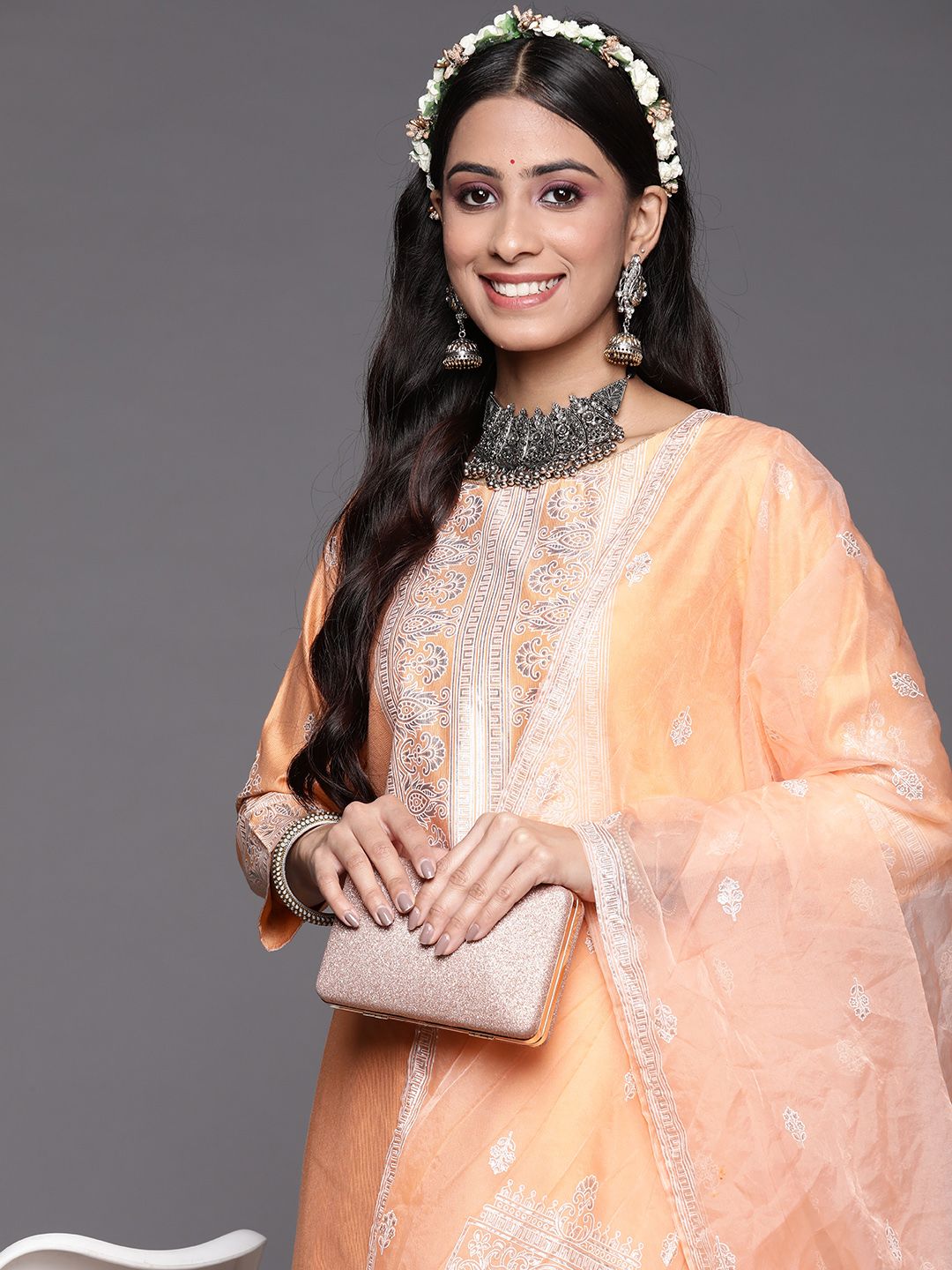 Women Orange Ethnic Motifs Printed Liva Kurta with Trousers & With Dupatta