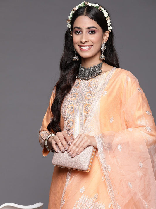 Women Orange Ethnic Motifs Printed Liva Kurta with Trousers & With Dupatta