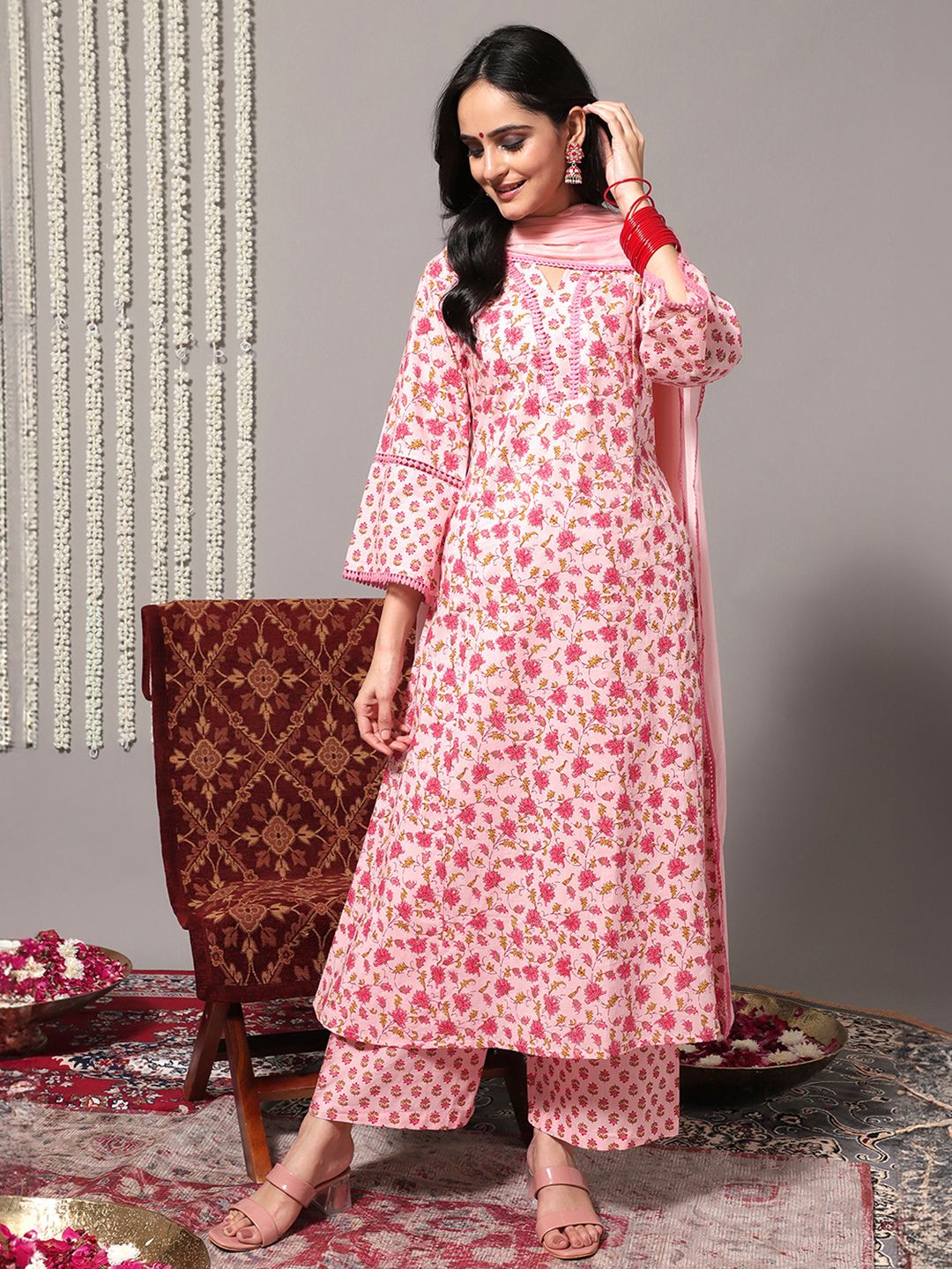Dhiyona VA Women'sFloral Printed Pure Cotton A-Line Kurta With Trousers & Dupatta