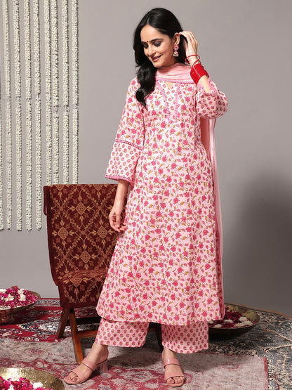 Dhiyona VA Women'sFloral Printed Pure Cotton A-Line Kurta With Trousers & Dupatta
