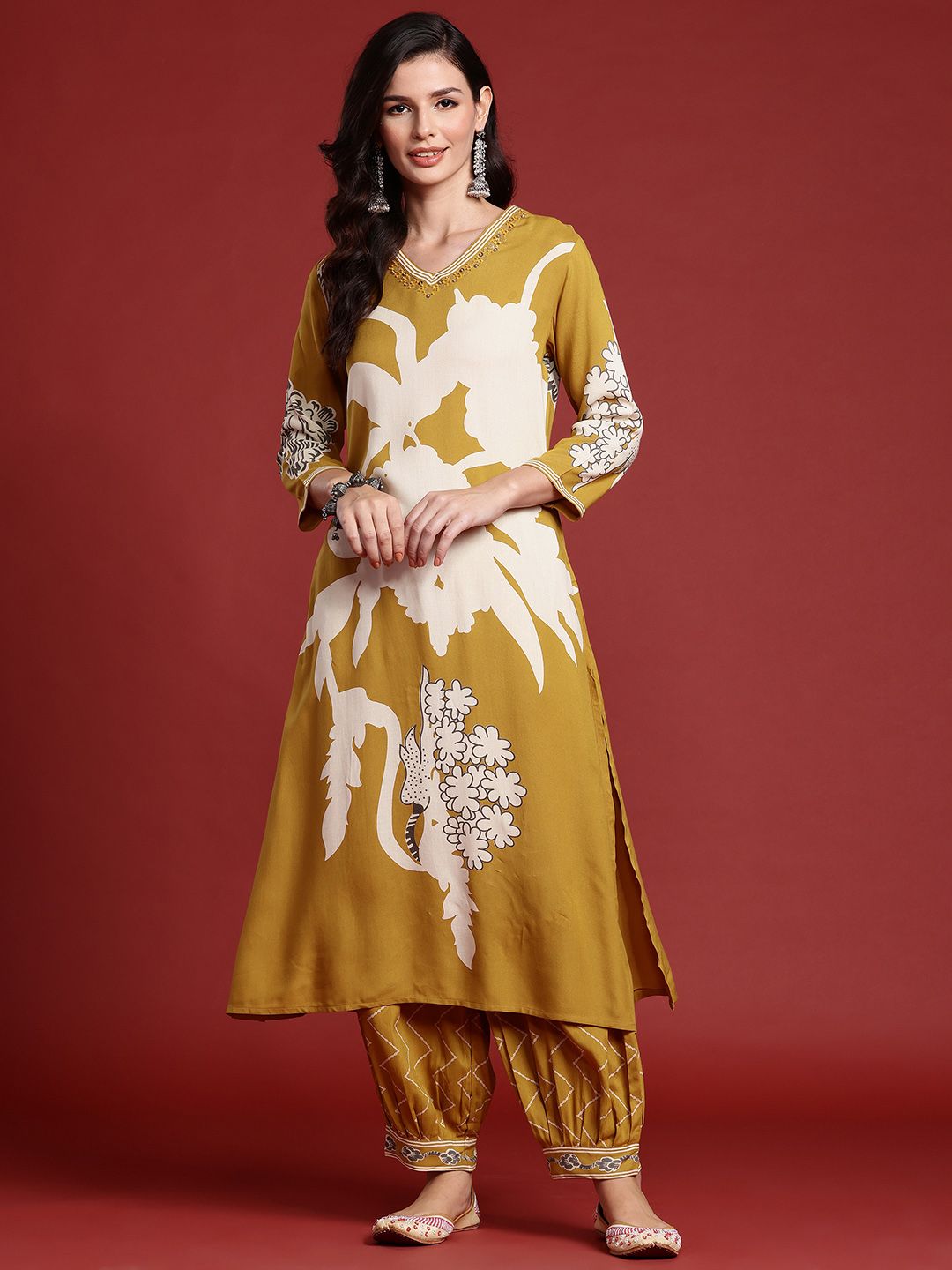 Bold Floral Printed Sequinned Kurta with Salwar Set