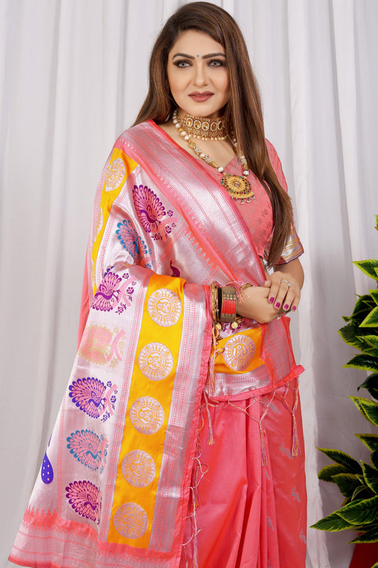 Dhiyona GR Women's Chandramukhi Rose Pink Zari Paithani Silk Saree
