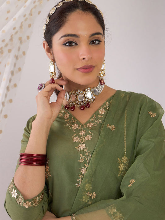 Dhiyona IE Floral Embroidered Zari Straight Kurta with Trousers & With Dupatta