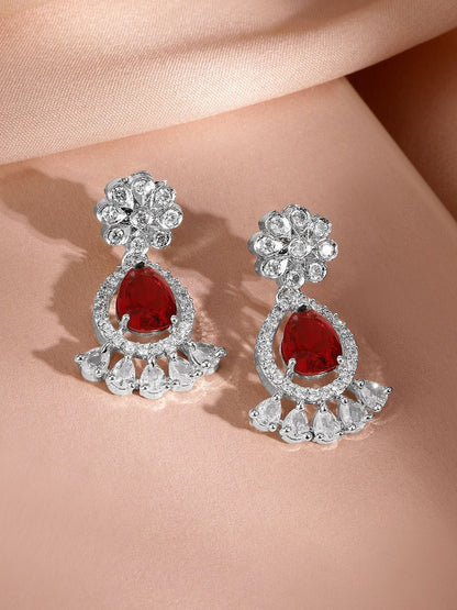 Dhiyona RJ Women's Rhodium-Plated Ruby Red AD & Cubic Zirconia Studded Necklace Set