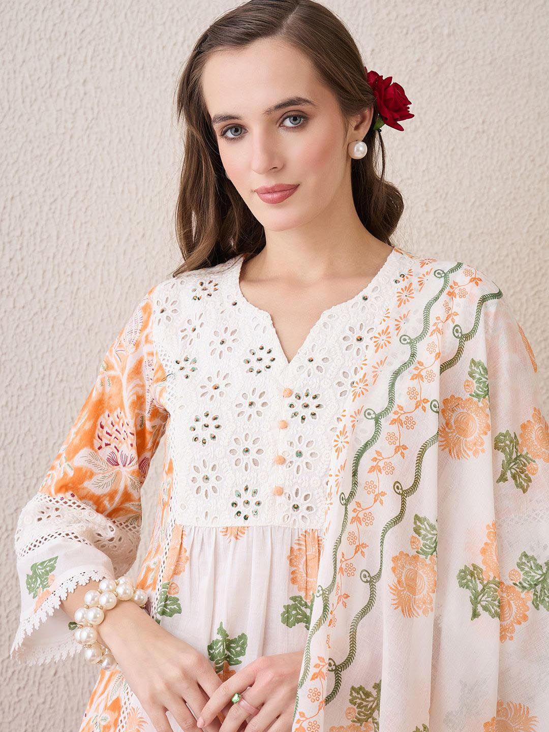 Dhiyona IE Floral Printed Beads and Stones Pure Cotton Straight Kurta & Trousers & Dupatta