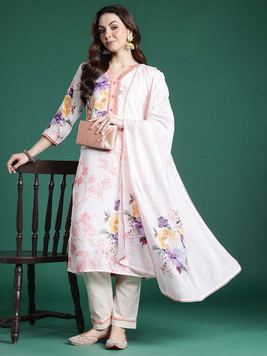 Dhiyona IE Floral Printed Beads and Stones Linen Kurta with Trousers & With Dupatta