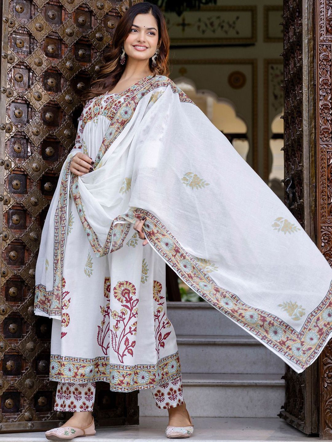 Floral Printed Empire Pure Cotton A-Line Kurta With Trousers & Dupatta