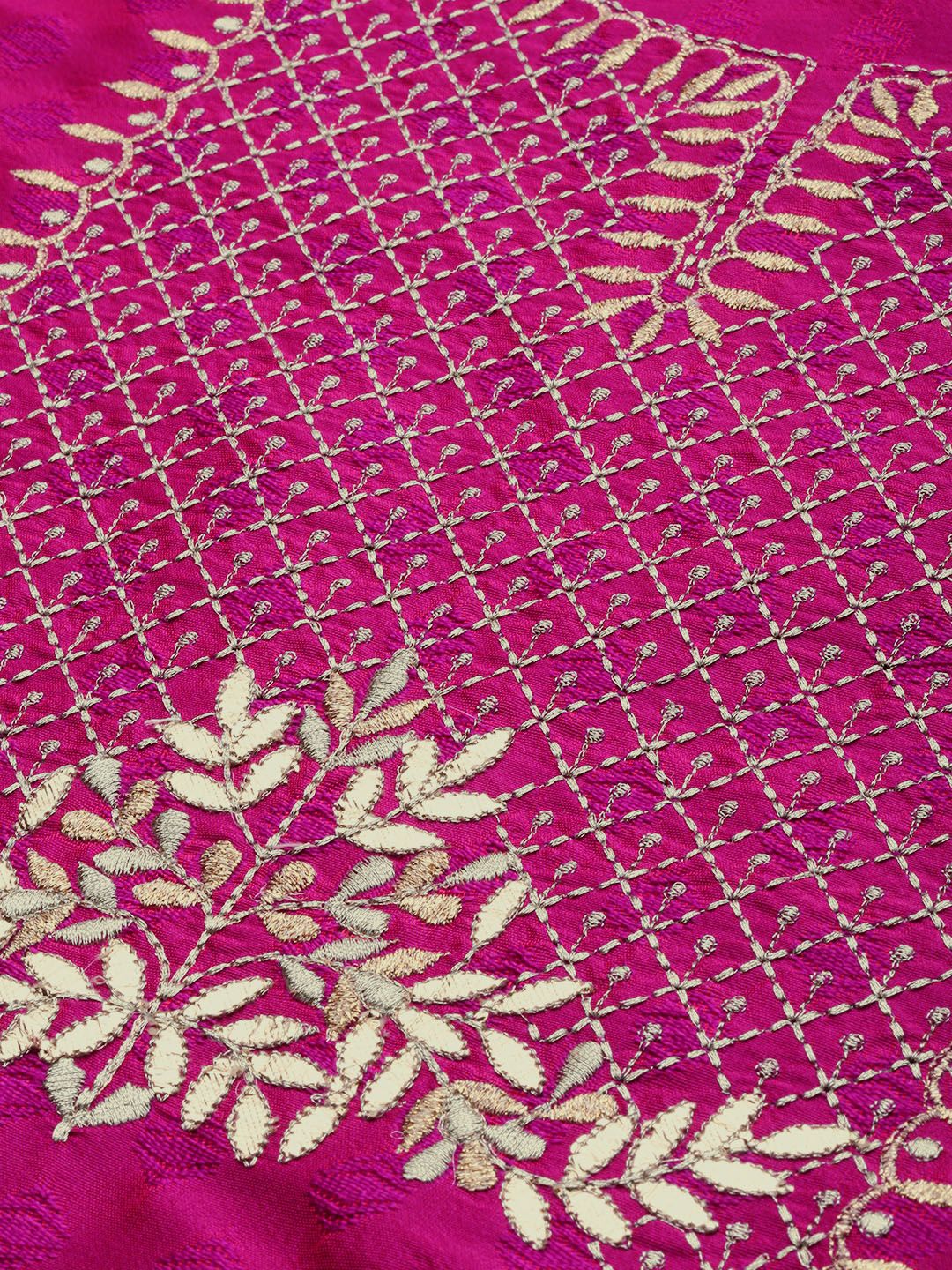 Dhiyona VA Women's Magenta & Gold-Toned Embroidered Kurta with Trousers & Dupatta