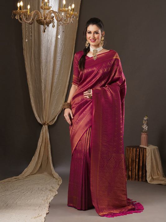 Women's Georgette Pink Woven Design Woven saree With Blouse Piece