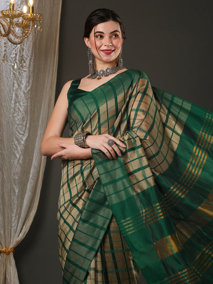Women's Aura Silk Cream Woven Design Designer Saree With Blouse Piece
