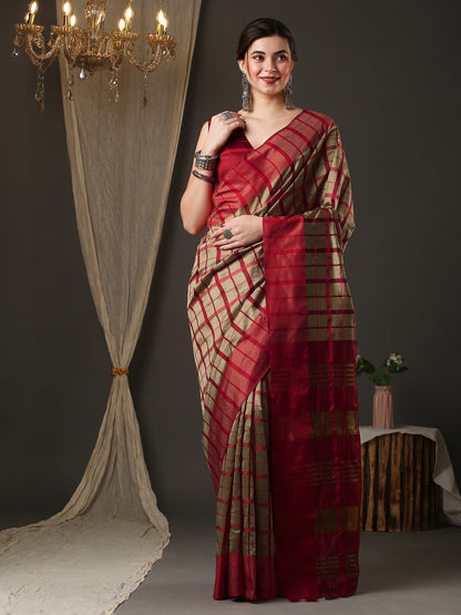 Women's Aura Silk Cream Woven Design Designer Saree With Blouse Piece