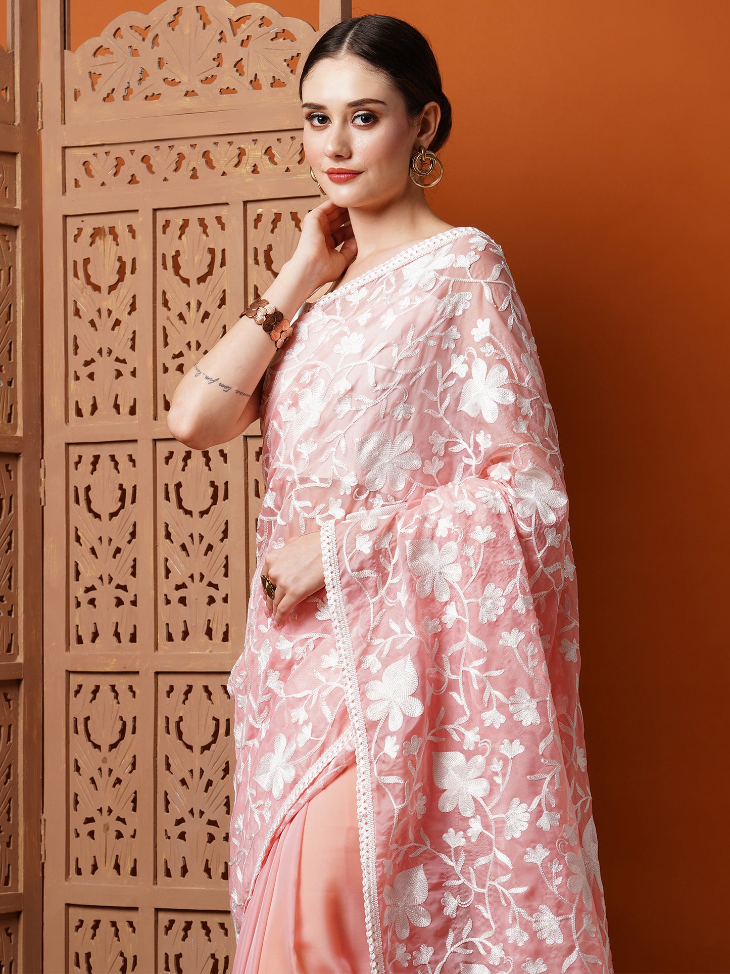 Women's Organza Pink Embroidered Designer Saree With Blouse Piece