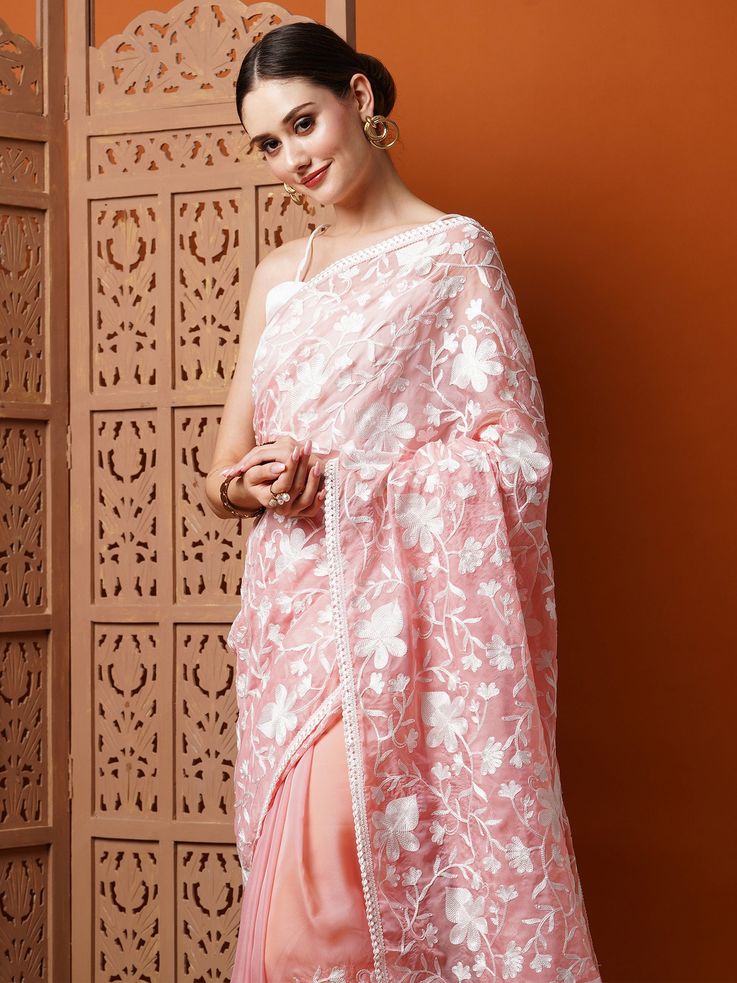 Women's Organza Pink Embroidered Designer Saree With Blouse Piece