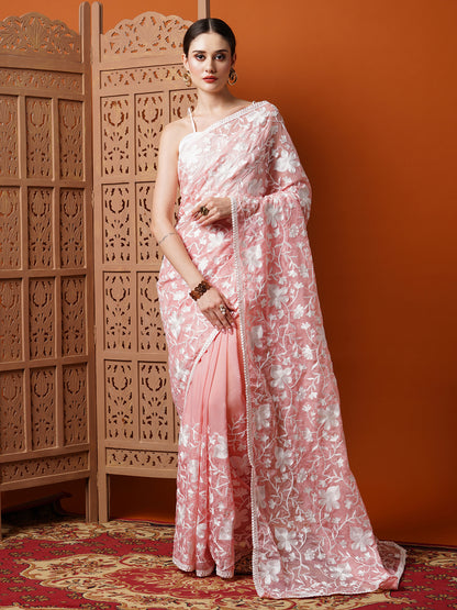 Women's Organza Pink Embroidered Designer Saree With Blouse Piece