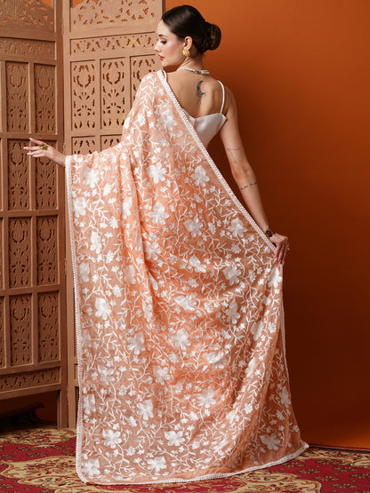 Women's Organza Peach Embroidered Designer Saree With Blouse Piece