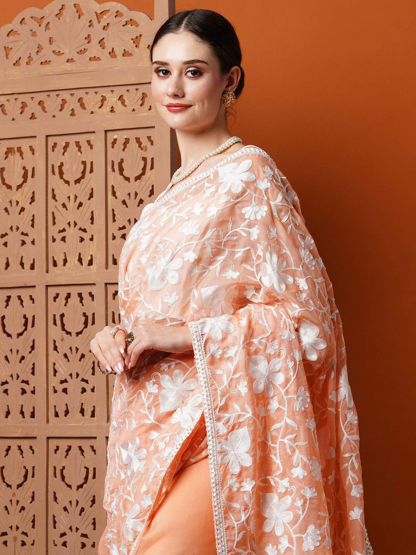Women's Organza Peach Embroidered Designer Saree With Blouse Piece