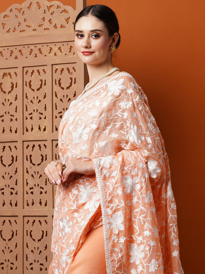 Women's Organza Peach Embroidered Designer Saree With Blouse Piece