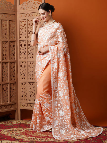 Women's Organza Peach Embroidered Designer Saree With Blouse Piece