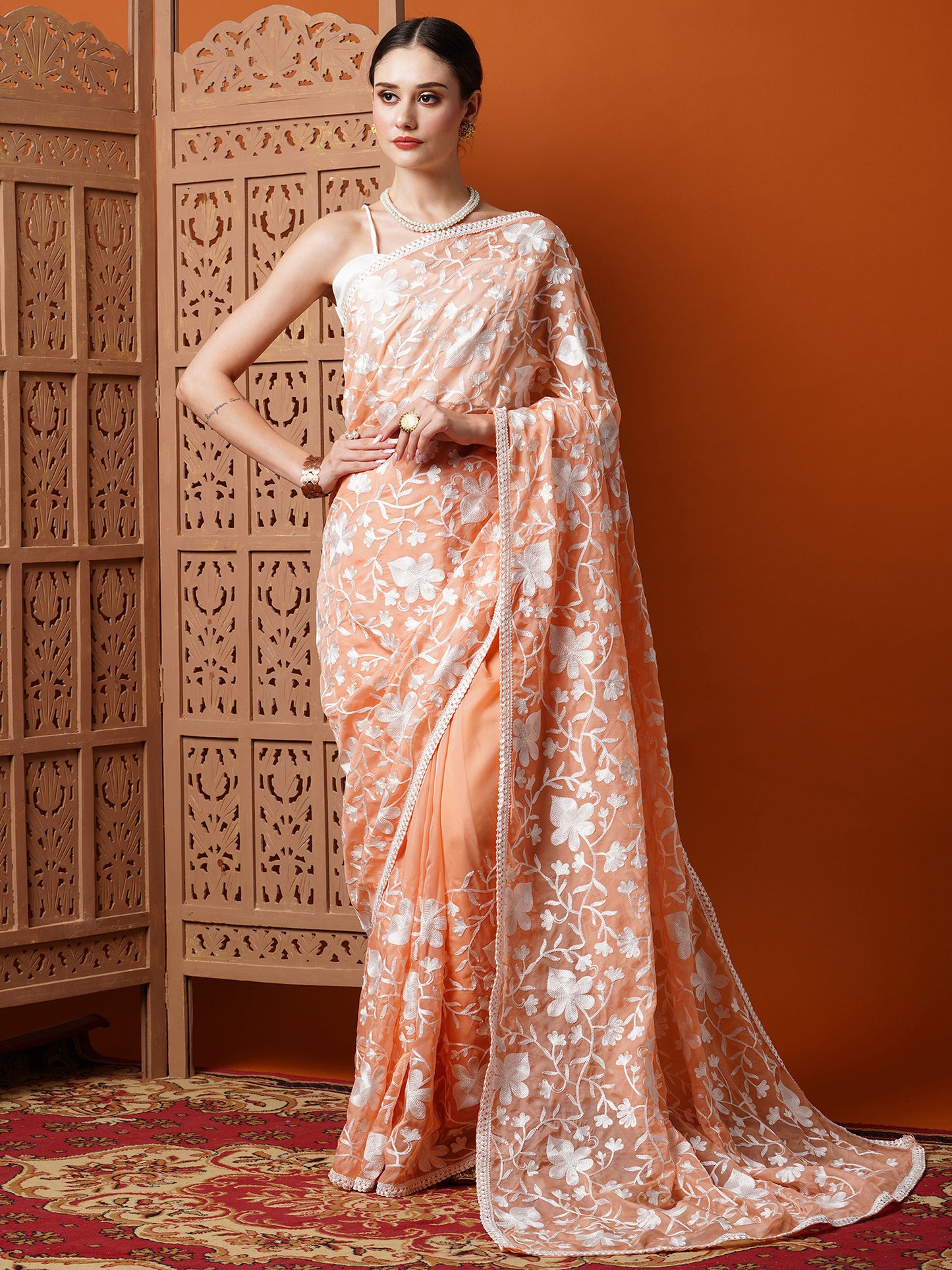 Women's Organza Peach Embroidered Designer Saree With Blouse Piece