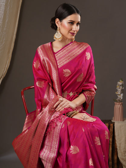 Women's Silk Blend Pink Woven Design Designer Saree With Blouse Piece