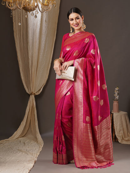 Women's Silk Blend Pink Woven Design Designer Saree With Blouse Piece