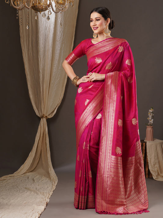 Women's Silk Blend Pink Woven Design Designer Saree With Blouse Piece