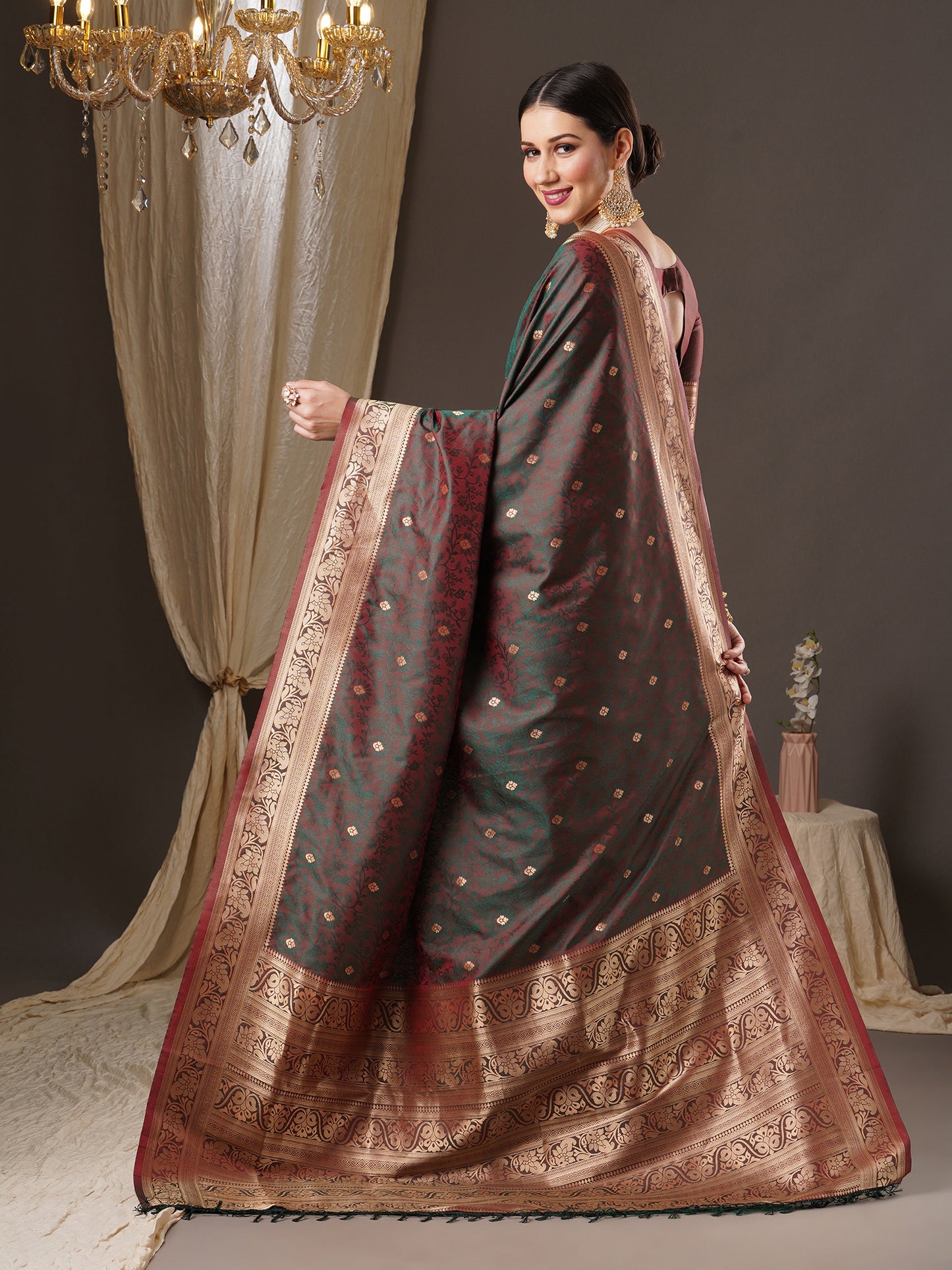 Women's Silk Blend Brown Woven Design Designer Saree With Blouse Piece