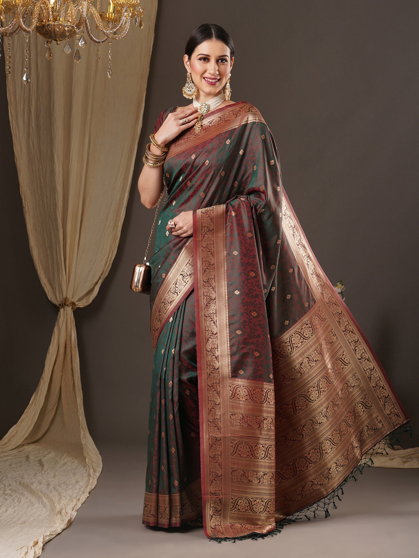 Women's Silk Blend Brown Woven Design Designer Saree With Blouse Piece