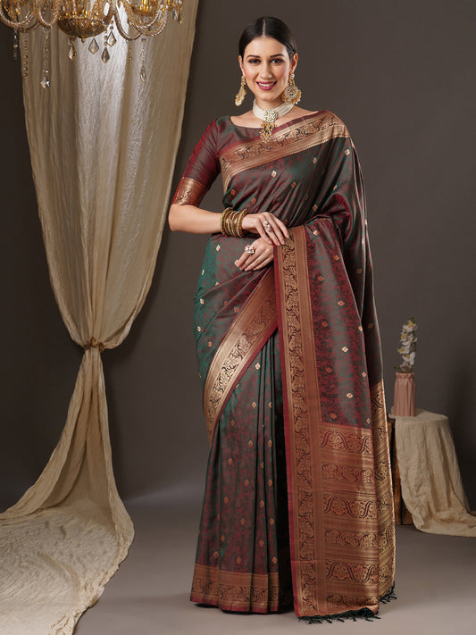Women's Silk Blend Brown Woven Design Designer Saree With Blouse Piece