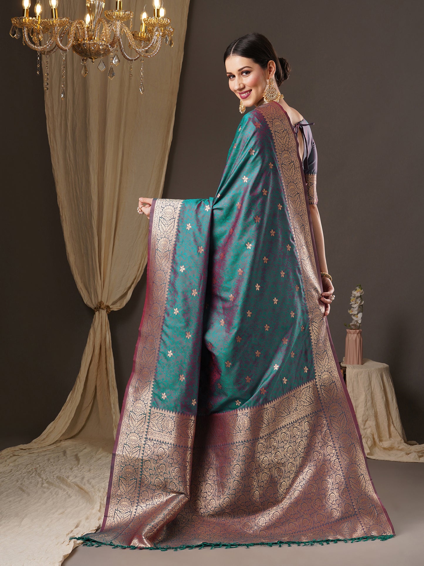 Women's Silk Blend Teal blue Woven Design Designer Saree With Blouse Piece