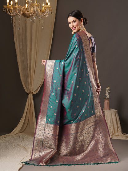 Women's Silk Blend Teal blue Woven Design Designer Saree With Blouse Piece