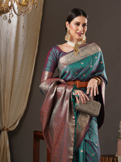 Women's Silk Blend Teal blue Woven Design Designer Saree With Blouse Piece