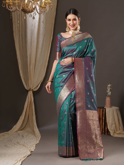 Women's Silk Blend Teal blue Woven Design Designer Saree With Blouse Piece