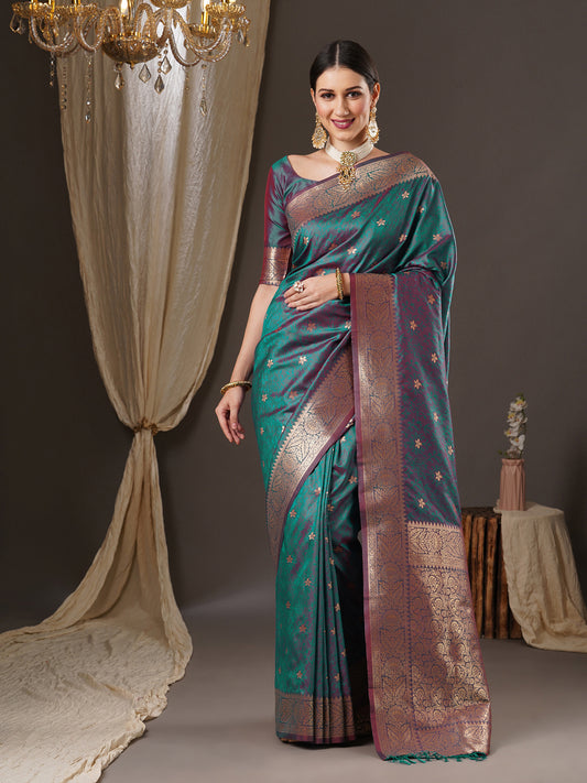 Women's Silk Blend Teal blue Woven Design Designer Saree With Blouse Piece