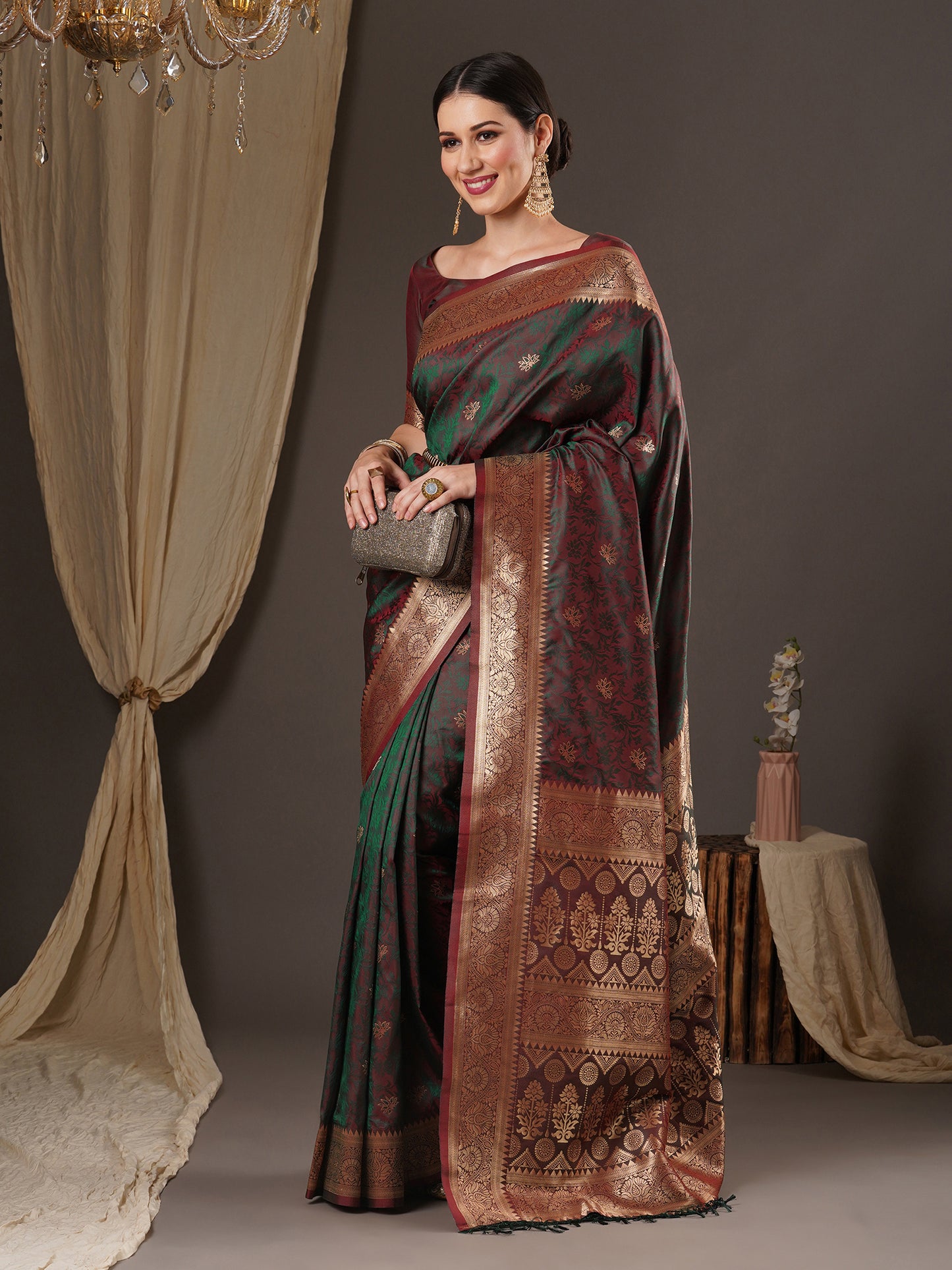 Women's Silk Blend Brown Woven Design Designer Saree With Blouse Piece