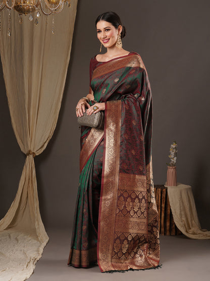 Women's Silk Blend Brown Woven Design Designer Saree With Blouse Piece