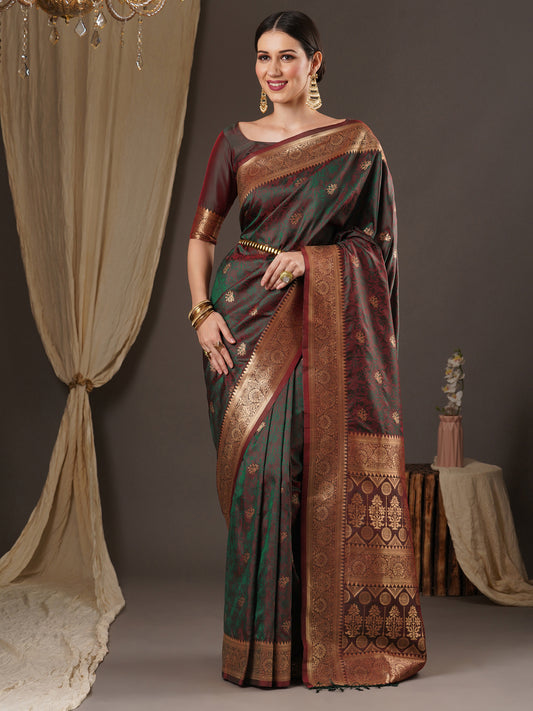 Women's Silk Blend Brown Woven Design Designer Saree With Blouse Piece