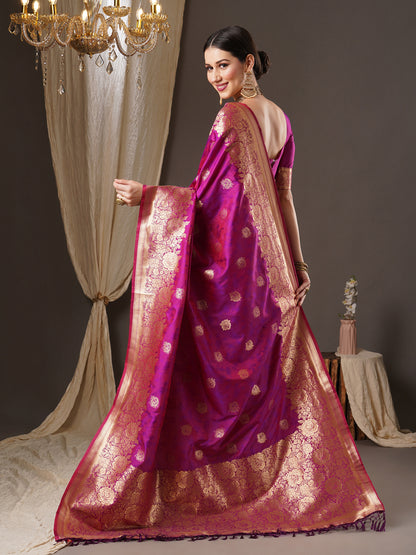 Women's Silk Blend Magenta Woven Design Designer Saree With Blouse Piece