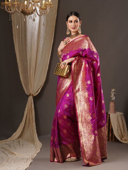Women's Silk Blend Magenta Woven Design Designer Saree With Blouse Piece