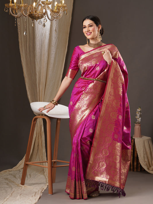 Women's Silk Blend Magenta Woven Design Designer Saree With Blouse Piece