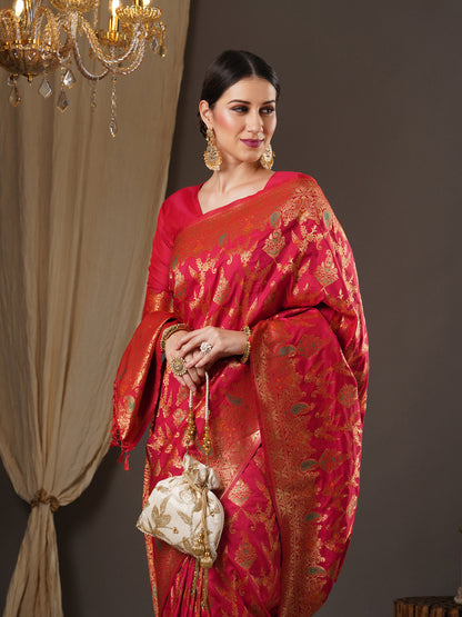 Women's Silk Blend Pink Woven Design Designer Saree With Blouse Piece