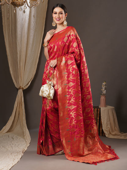 Women's Silk Blend Pink Woven Design Designer Saree With Blouse Piece