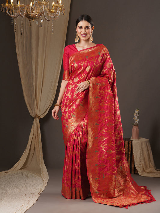Women's Silk Blend Pink Woven Design Designer Saree With Blouse Piece