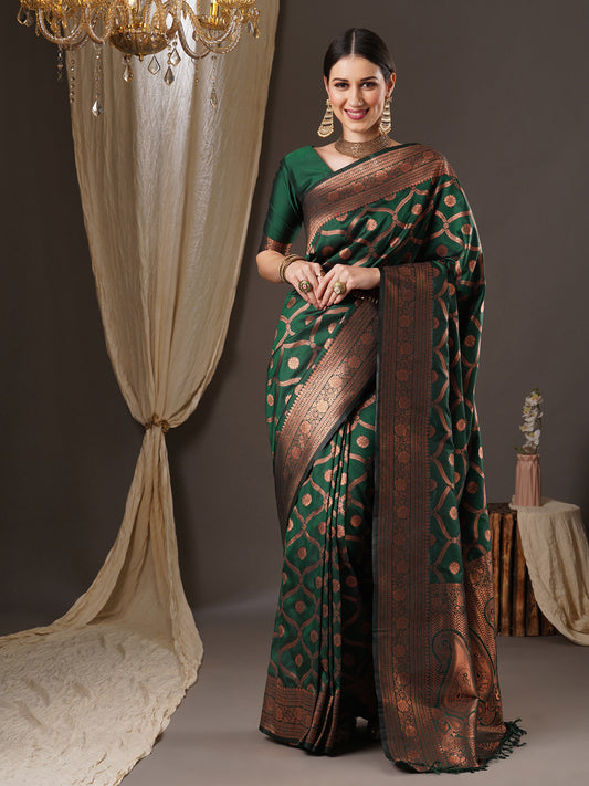 Women's Silk Blend Green Woven Design Designer Saree With Blouse Piece