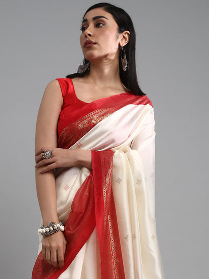 Women's Silk Blend Off White Printed Designer Saree With Blouse Piece