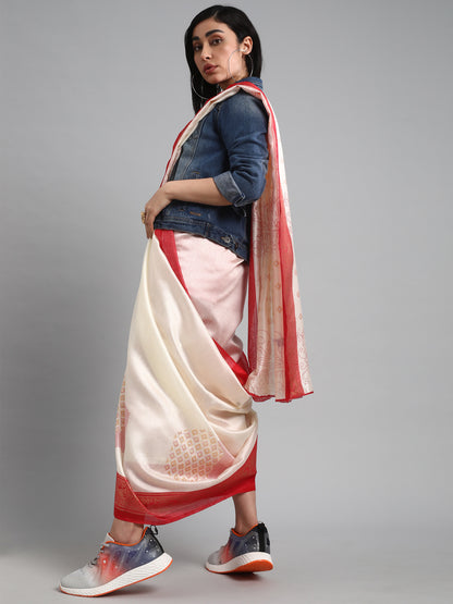 Women's Silk Blend Off White Printed Designer Saree With Blouse Piece